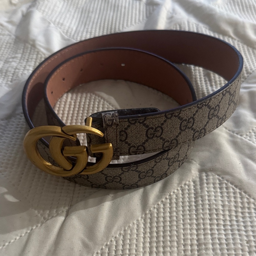 Gucci Monogram Belt with Gold GG Buckle